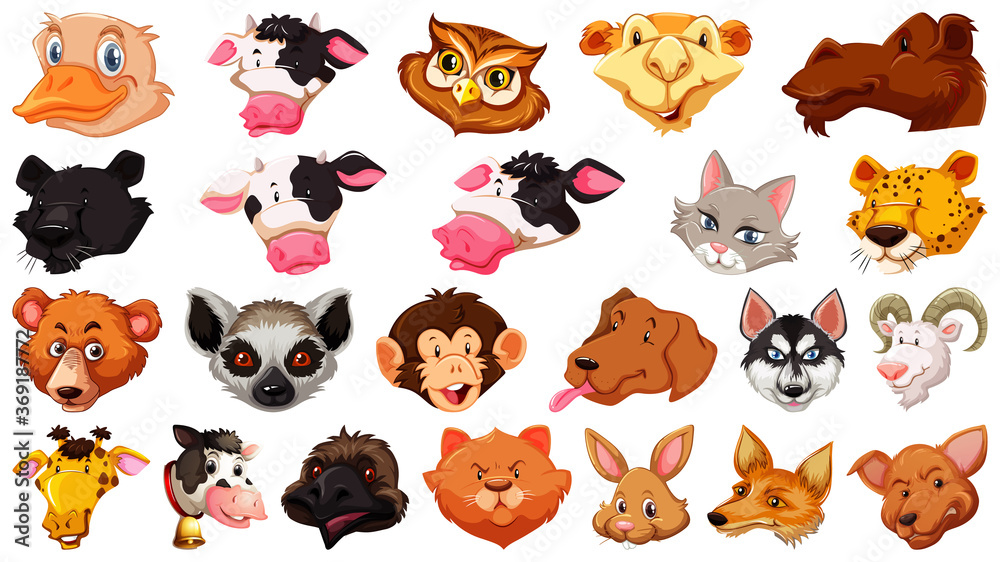 Obraz premium Set of different cute cartoon animals head huge isolated on white background