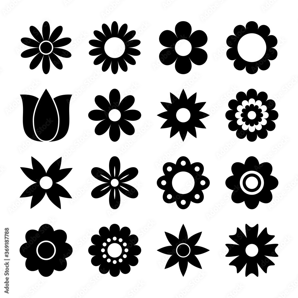 Set of silhouette images of different flowers icons