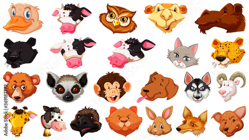 Set of different cute cartoon animals head huge isolated on white background