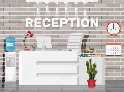 Modern reception interior. Hotel, hospital clinic or business office reception desk. Lobby or waiting room inside. Receptionist workplace. Computer, lamp, clock, chair, plant. Flat vector illustration