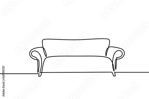Continuous line drawing of front view the sofa. Modern sofa isolated on a white background.