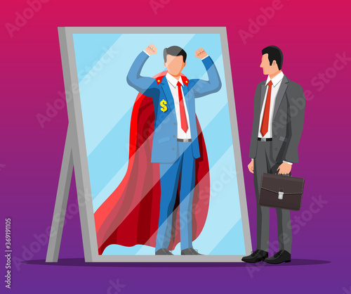 Businessman facing himself as superhero in mirror. Business ambition and success concept. Symbol of power, leadership, courage, bravery. Achievement and goal. Flat vector illustration