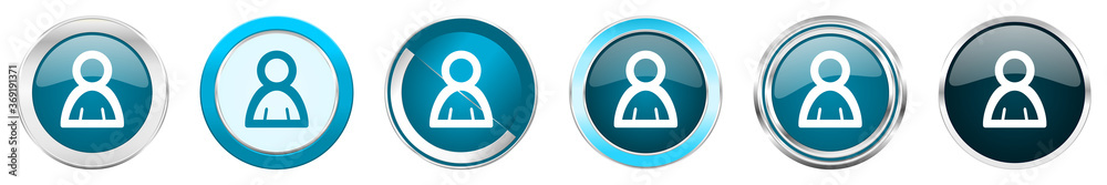 Person silver metallic chrome border icons in 6 options, set of web blue round buttons isolated on white background Person silver metallic chrome border icons in 6 options, set of web blue round buttons isolated on white background