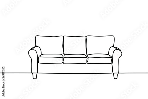 Continuous line drawing of front view the sofa. Modern sofa isolated on a white background.