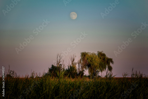 Fool moon at dusk in country fields and farmland
