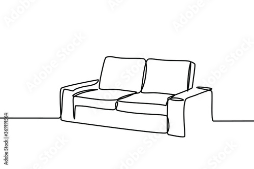 Continuous line drawing of front view the sofa. Modern sofa isolated on a white background.