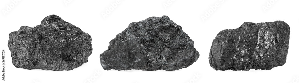 Natural black hard coal isolated on a white background. Diamond coal. Set of images.