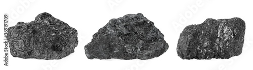 Natural black hard coal isolated on a white background. Diamond coal. Set of images.
