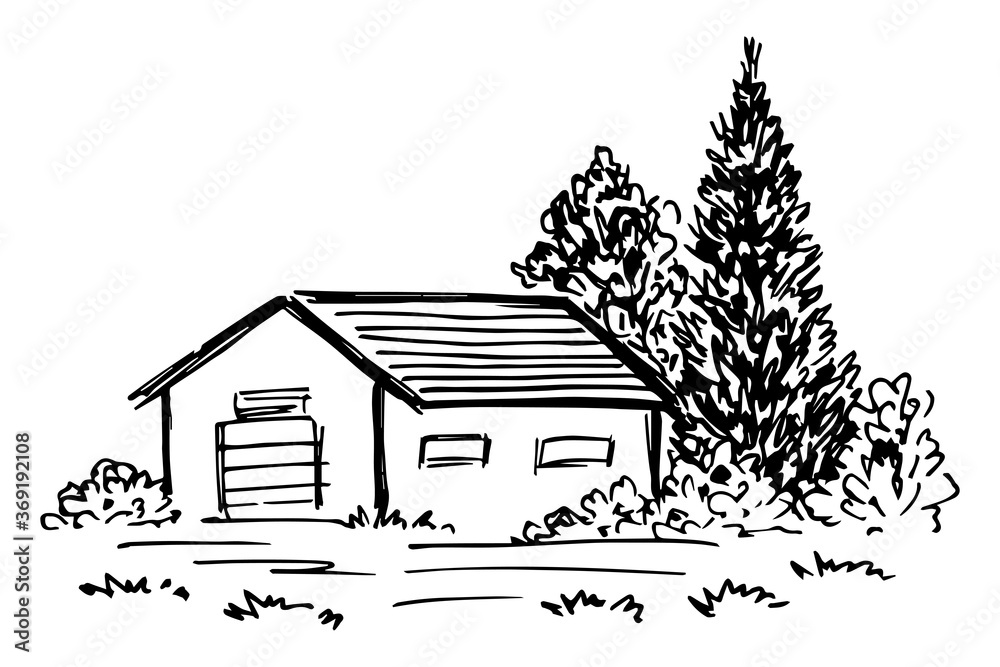 Vetor de Handdrawn vector drawing in black outline. Farm buildings