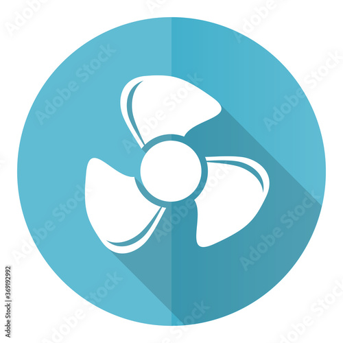 Fan vector icon, flat design blue round web button isolated on white background