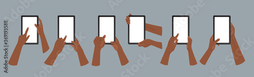 African American hands hold tablet pc in vertical and horizontal positions. African American hands holding and touching a smartphone. Vector icons, emblem. Modern flat style