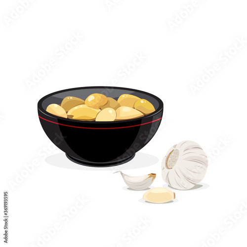 Fresh garlic and pickled garlic in soy sauce.
