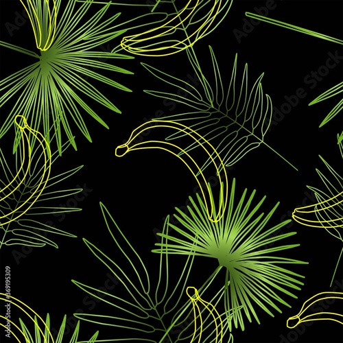 Summer print of exotic plants jungle tropical palm leaves. Banana. Pattern, seamless floral vector on a black background.Nature wallpaper. Trendy modern pattern