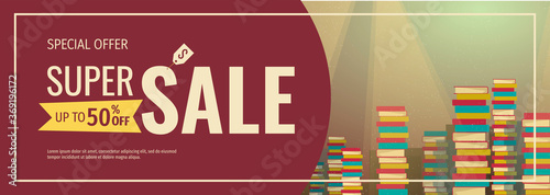 Promo sale flyer with piles of books for bookstore, bookshop, book lovers, E-book reader, E-library. Vector illustration for poster, banner, advertising, special offer, flyer.
