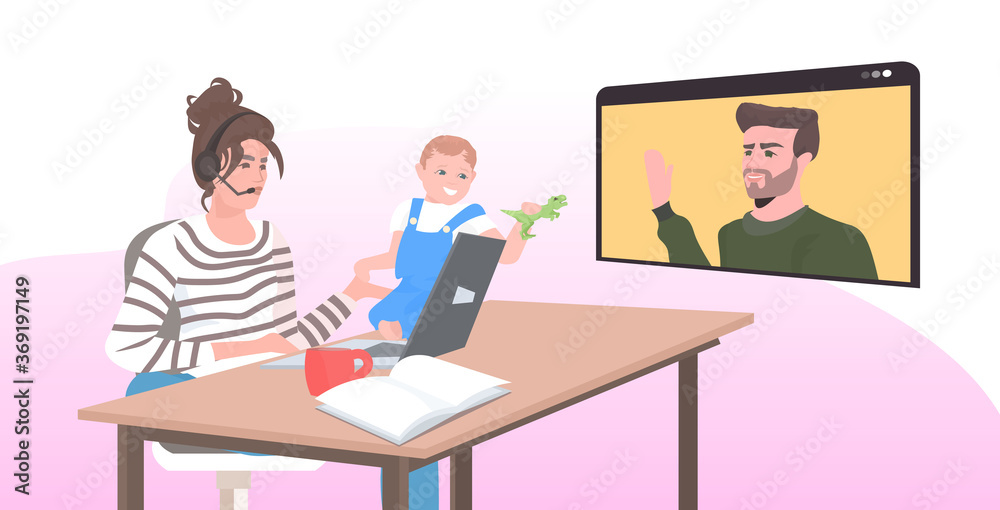 woman with little son working on laptop during coronavirus quarantine businesswoman discussing with colleague in web browser window self-isolation concept portrait horizontal vector illustration woman with little son working on laptop during coronavirus quarantine businesswoman discussing with colleague in web browser window self-isolation concept portrait horizontal vector illustration