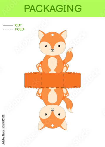 DIY party favor box die cut template design for birthdays, baby showers with cute fox for sweets, candies, small presents. Printable color scheme. Print, cut out, fold, glue. Vector stock illustration