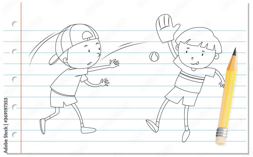 Hand writing of two boys playing baseball outline Hand writing of two boys playing baseball outline
