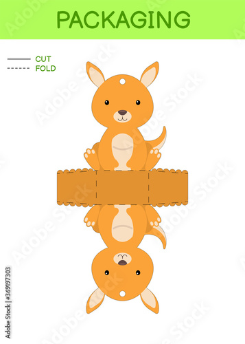 DIY party favor box die cut template design for birthdays, baby showers with cute kangaroo for sweets, candies, small presents. Printable color scheme. Print, cut out, fold, glue. Vector illustration