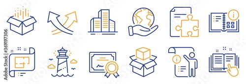 Set of Industrial icons, such as Technical documentation, Instruction info. Certificate, save planet. Buildings, Open box, Packing boxes. Lighthouse, Manual doc, Architectural plan. Vector