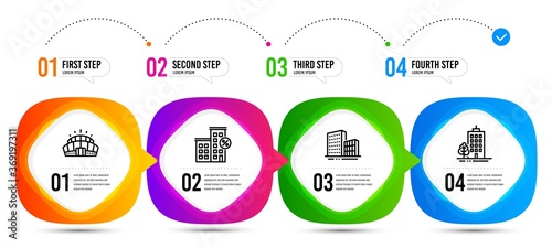 Skyscraper buildings, Arena stadium and Buildings line icons set. Timeline steps. Loan house sign. Town architecture, Competition building, City architecture. Discount percent. Buildings set. Vector