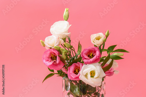 Beautiful vase with flowers on color background