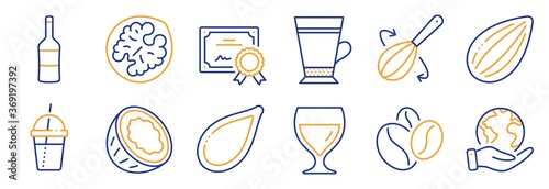 Set of Food and drink icons, such as Walnut, Wine. Certificate, save planet. Almond nut, Coffee beans, Cooking whisk. Coconut, Pumpkin seed, Wine glass. Latte, Coffee cocktail line icons. Vector