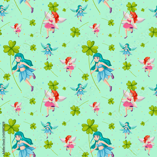 Seamless fairy tales and lucky clover cartoon style on green background