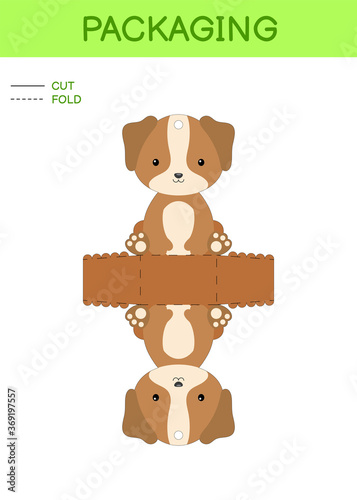 DIY party favor box die cut template design for birthdays, baby showers with cute dog for sweets, candies, small presents. Printable color scheme. Print, cut out, fold, glue. Vector stock illustration