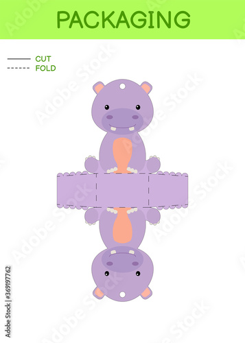 DIY party favor box die cut template design for birthdays, baby showers with cute hippo for sweets, candies, small presents. Printable color scheme. Print, cut out, fold, glue. Vector illustration