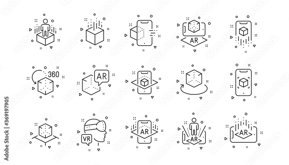 VR simulation, Panorama view, 360 degrees. Augmented reality line icons. Virtual reality gaming, augmented, full rotation arrows icons. Linear set. Geometric elements. Quality signs set. Vector