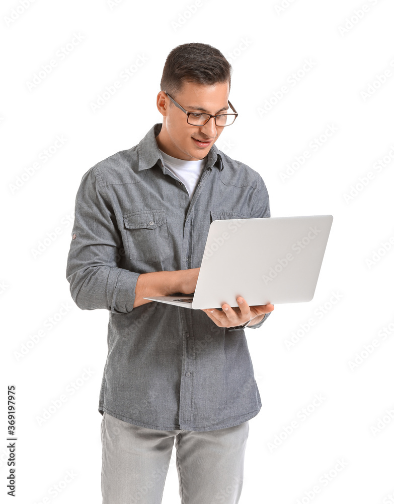 Male programmer with laptop on white background Male programmer with laptop on white background