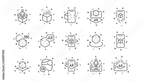 VR simulation  Panorama view  360 degrees. Augmented reality line icons. Virtual reality gaming  augmented  full rotation arrows icons. Linear set. Geometric elements. Quality signs set. Vector