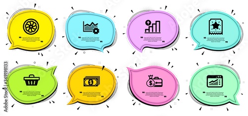 Operational excellence, Loyalty ticket and Fan engine signs. Chat bubbles with quotes. Salary, Web traffic and Shopping basket line icons set. Payment, Graph chart symbols. Vector