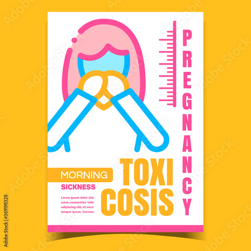 Pregnancy Toxicosis Advertising Banner Vector. Woman Morning Nausea Sickness And Indigestion Pregnancy Toxicosis Promo Poster. Pregnant Symptom Concept Template Stylish Colorful Illustration