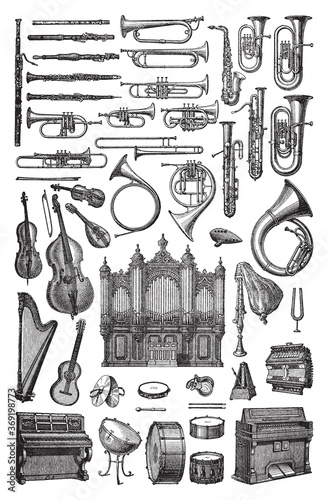 Music instrument collection - vintage engraved vector illustration from Petit Larousse Illustré 1914 photo