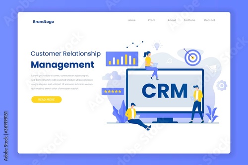 Customer relationship management landing page template. Illustration for websites, landing pages, mobile applications, posters and banners.
