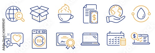 Set of Business icons, such as Payment, Online accounting. Certificate, save planet. Cold-pressed oil, Calendar, Laptop. Coffee cup, International Ð¡opyright, Dryer machine. Vector