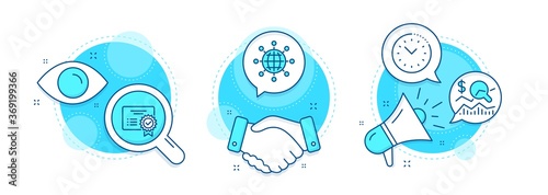 Certificate, International globe and Check investment line icons set. Handshake deal, research and promotion complex icons. Time management sign. Vector