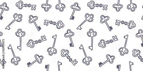 Vector seamless pattern with ancient keys on white background. Great for fabrics, wrapping papers, wallpapers, covers. Hand drawn illustration in doodle style black ink.