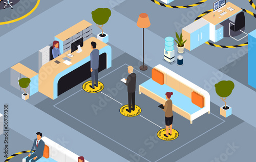 businesspeople keeping distance to prevent coronavirus pandemic social distancing concept business people standing line queue at reception desk horizontal full length isometric vector illustration
