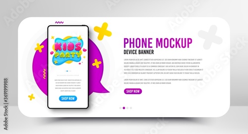 Kids party icon. Phone screen mockup banner. Fun playing zone banner. Children games party area icon. Social media banner with smartphone screen. Shopping mockup web template. Vector