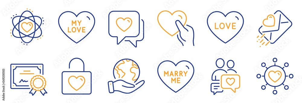 Set of Love icons, such as Love letter, Dating chat. Certificate, save planet. Hold heart, Dating network, My love. Wedding locker, Marry me, Atom. Heart line icons. Vector