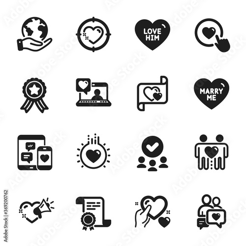 Set of Love icons, such as Friends couple, Love letter. Certificate, approved group, save planet. Love, Like button, Marry me. Heart target, Hold heart, Social media. Vector