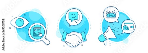 Buying accessory, Internet report and Arena stadium line icons set. Handshake deal, research and promotion complex icons. Smile face sign. Wallet with coins, Web tutorial, Sport complex. Chat. Vector