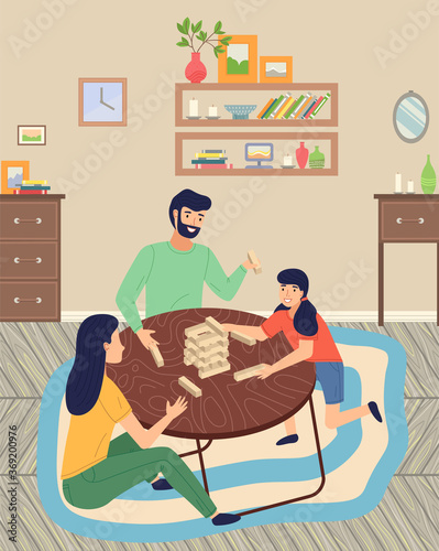 Family playing jenga game sitting at floor on carpet, spend time together, moving blocks, parents playing indoor game with daughter, home indoors activity, people have fun, leisure time, hobby
