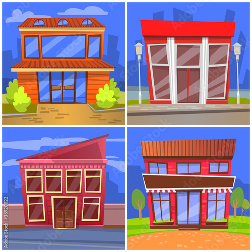Exteriors of cafe or restaurants vector. Buildings in city, houses with windows built in modern manner. Eatery facade or cafeteria design. Cityscapes or landscape with homes in flat style illustration