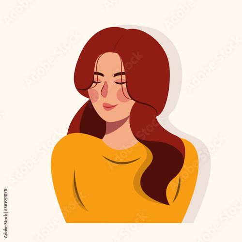 Portrait of a beautiful girl with long hair, wearing yellow t-shirt. Autumn theme, flat design