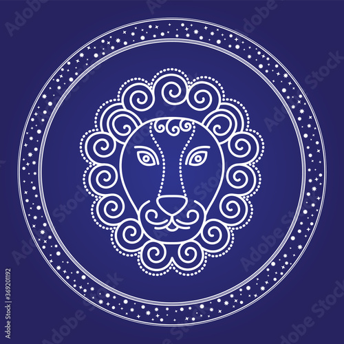 Leo zodiac emblem in starry circle isolated on blue. Head of lion astronomy and birthday element. Constellation of animal mythology sign in round shape. Horoscope card with star character vector