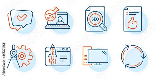 Seo file, Approved document and Approved signs. Start business, Recycling and Online chemistry line icons set. Cogwheel dividers, Computer symbols. Launch idea, Reduce waste. Technology set. Vector