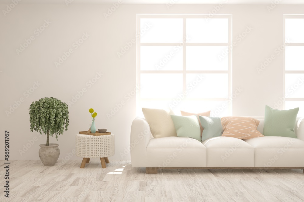Fototapeta premium White living room with sofa. Scandinavian interior design. 3D illustration